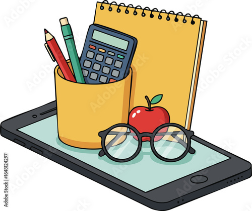 School supplies digital learning concept with calculator notebook apple and glasses on tablet vector illustration 