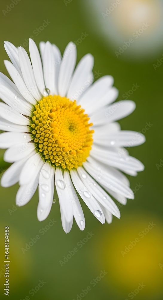 Obraz premium Close-up shot of a daisy flower with white petals and a yellow center, adorned with water droplets, set against a blurred green background.