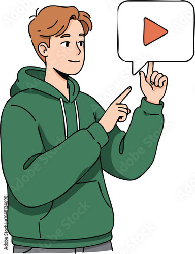 Young man wearing green hoodie pointing at play button symbol vector illustration for online video content creation and digital media interaction 