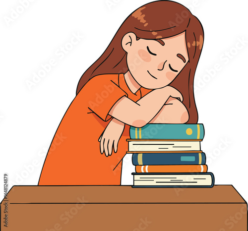 Girl peacefully resting head on stack of books at wooden table in calm study moment vector illustration 