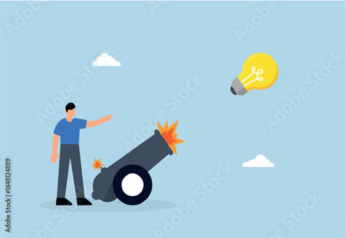 Launch new business idea, smart business entrepreneur starts light bulb idea with a powerful cannon.