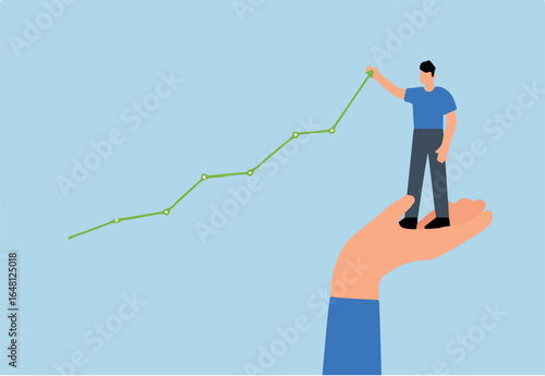Drive sale increasing profit, businessman stands with helping hand and pulls up rising graph.