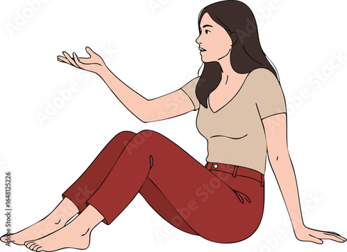 Woman Sitting on Floor Wearing Beige Top and Red Pants Relaxed Casual Pose Vector Illustration 