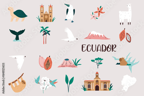 Vector Illustration Set of Ecuador Icons with Turtle, Booby Bird, Famous Landmarks, Natural Objects.