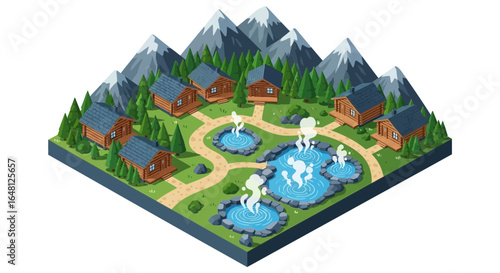 Isometric mountain resort with cabins trees hot springs and path vector illustration landscape for travel tourism