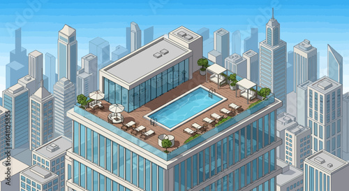 Cityscape building rooftop pool architecture urban design skyline highrise vacation destination luxury hotel