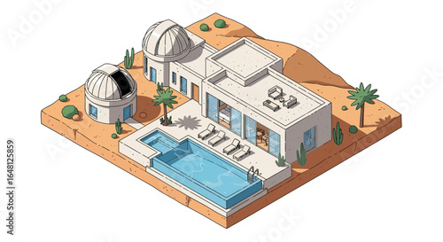 Isometric desert house with pool observatory telescope architecture design modern residence vacation home illustration