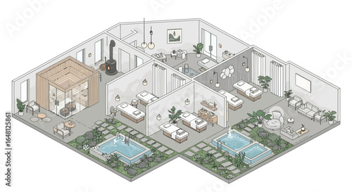 Isometric spa wellness center with sauna massage therapy and relaxation area for health and wellbeing