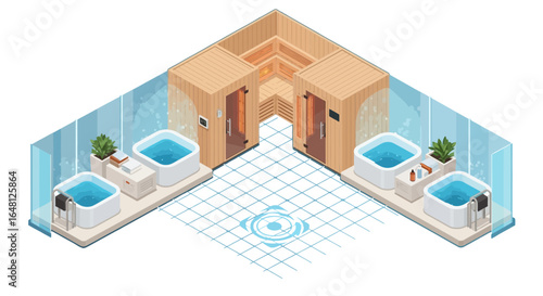 Isometric sauna tubs wellness spa interior design relaxation therapy health lifestyle treatment room concept