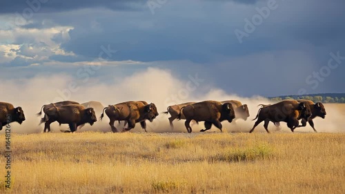 Bison herd thunders across golden prairie creating dust clouds under dramatic sky