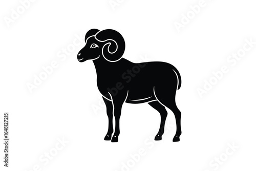 A black silhouette of a ram with curved horns on a white background
