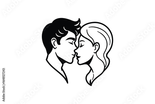 a black and white illustration of a couple about to kiss silhouette