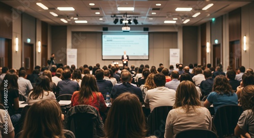 Corporate business conference with keynote speaker presenting to large professional audience in modern convention center auditorium