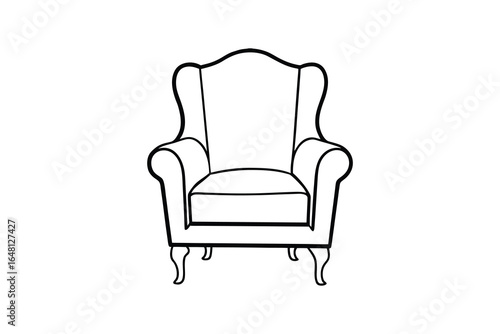 A line drawing of a classic wingback chair with curved legs and armrests silhouette