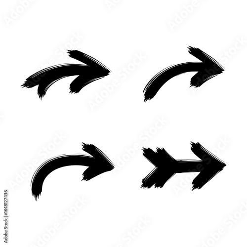 Grunge Black Silhouette Arrow Icons with Brush Stroke Texture Indicating Direction and Movement