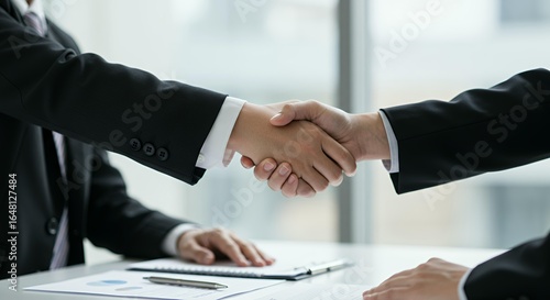 Corporate business handshake agreement between executives with contract documents and pen on professional office desk