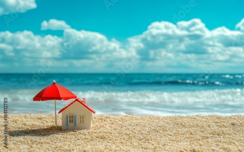 This idyllic beach setting, complete with a sun umbrella and house on the sand, a blue sky, and a sea in the background, represents the concept of investing in resort real estate and embodies the