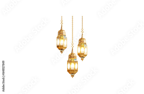 Elegant golden Ramadan lanterns gleaming with light, perfect for creating a warm, festive atmosphere or adding a touch of Middle Eastern charm to designs