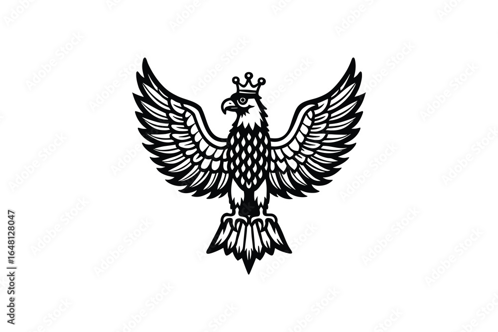 Fototapeta premium A black and white illustration of an eagle with a crown on its head silhouette