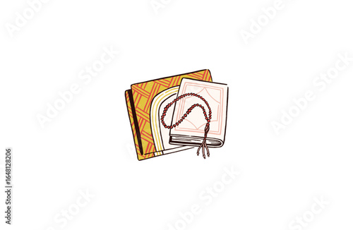 Elegant depiction of Islamic faith with prayer beads and holy book, perfect for Ramadan promotions and spiritual content conveying peace and devotion