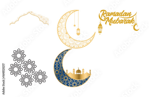 Celebrate Ramadan Mubarak with stunning golden crescent moon and mosque illustrations for a truly blessed and vibrant holiday season design