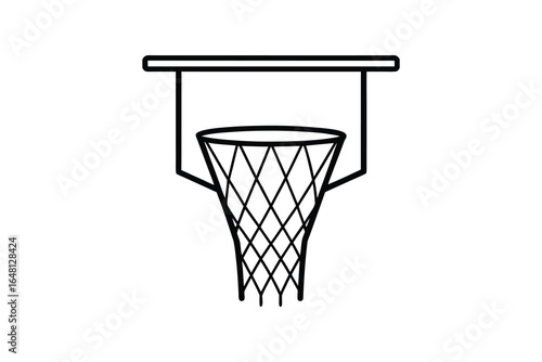 A black and white illustration of a basketball hoop and net silhouette