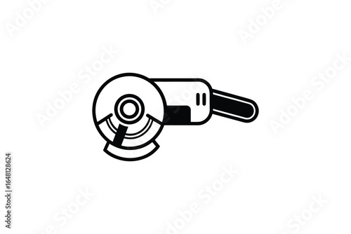 A black and white illustration of an angle grinder tool silhouette