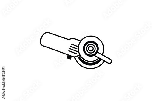 A black and white line drawing of an angle grinder tool silhouette