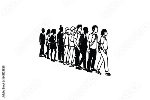 A group of people standing in a line waiting patiently silhouette