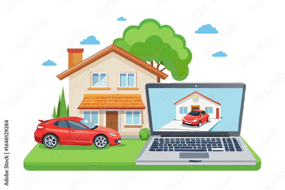 Naklejka premium Online car purchase and home financing concept with a house and car displayed on a laptop screen