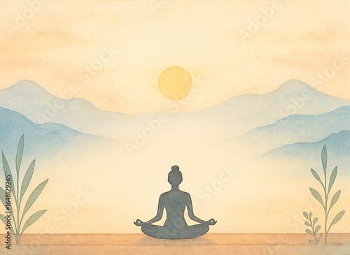 Serene watercolor illustration of a person meditating at sunrise, surrounded by misty mountains and gentle foliage. Soft pastel tones and minimalistic composition evoke a peaceful, mindful atmosphere