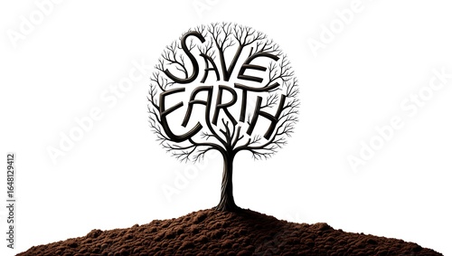 Tree with save earth text in branches on soil