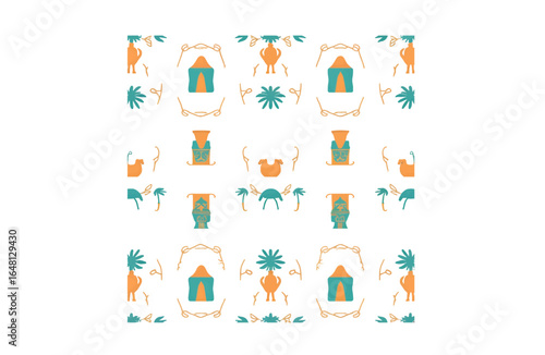 Whimsical desert caravan pattern featuring camels, tents, and palm trees in a repeating motif, perfect for textile or wallpaper design.