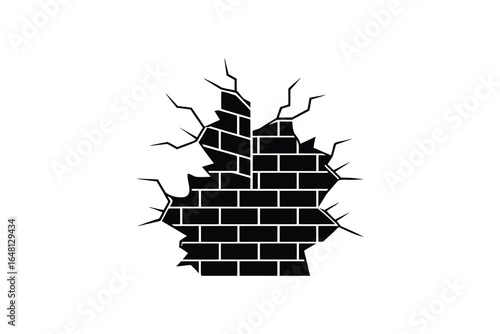A black brick wall with cracks and breakage on a white background silhouette