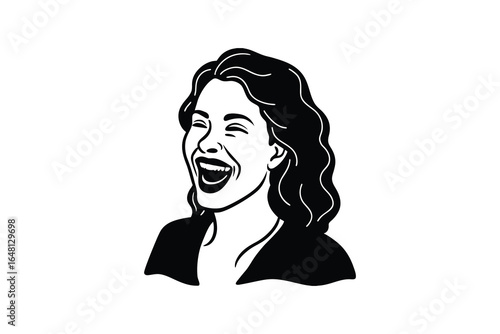 A woman with a joyful expression and long wavy hair smiling silhouette