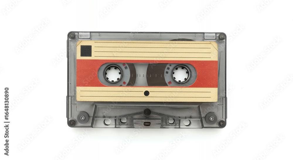 Obraz premium Classic cassette tape with yellow cream label and red stripe showing magnetic tape mechanism through clear plastic housing