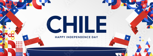 Horizontal Chile Independence Day template with national flag, geometric ornaments, and festive colors. Ideal for banners, posters, web header, promotions, and event campaigns. Happy national day