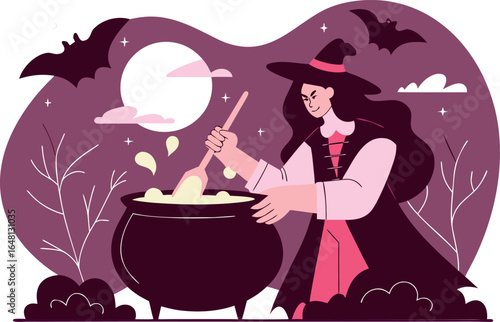 Vector illustration of witch stirring a cauldron with glowing green potion