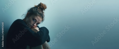 [The contemplative woman seated against a soft blue backdrop in moody studio lighting]