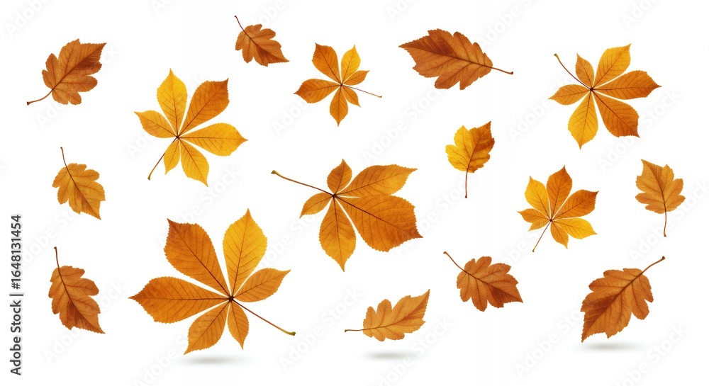 Fototapeta premium Premium autumn foliage collection with diverse leaf shapes in warm golden and orange tones on clean white studio background
