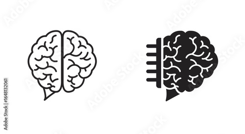 Human brain versus artificial intelligence vector icons, illustrating the concept of biological to digital thought.