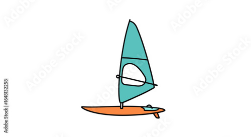Vector illustration of a windsurfing board with a sail, isolated on a white background. Simple, hand-drawn water sport icon in a minimalist doodle style.