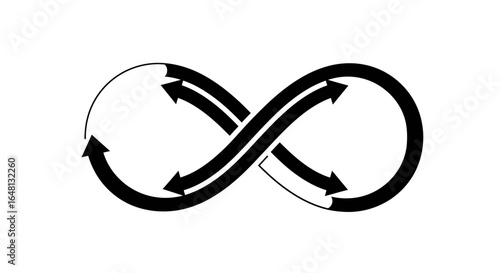 Dynamic black infinity symbol with flowing arrows representing a continuous cycle and perpetual process vector.