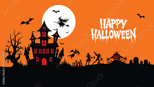 Happy Halloween text with night background with haunted house pumpkins and flying bats under moonlit sky