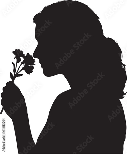 Silhouette of a woman smelling a bouquet of flowers female profile