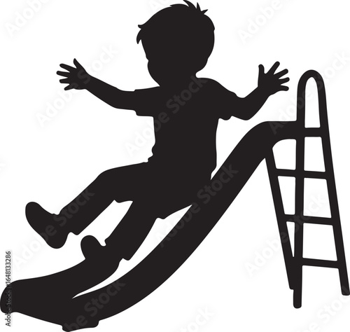 Black silhouette of a boy sliding down a playground slide with arms outstretched child