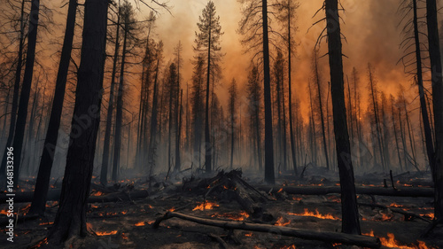 Burned Forest After Wildfire, Climate Change, Deforestation