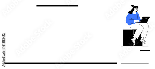 Woman seated on a box typing on a laptop, surrounded by clean minimalist lines. Ideal for work, productivity, remote work, learning, focus, digital connection and creativity. Simple flat metaphor