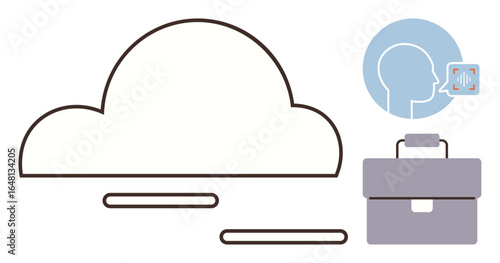 Cloud outline, human voice and AI recognition icon, briefcase. Ideal for storage, AI speech, innovation, analysis, organization communication technology. Simple flat metaphor