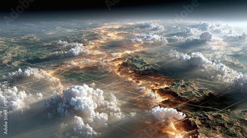 A cracked desert basin with grid lines, representing sudden ecological collapse.